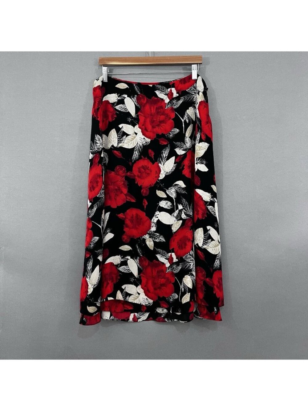 Rena Rowan Red Black Floral Silk Lined Midi Skirt